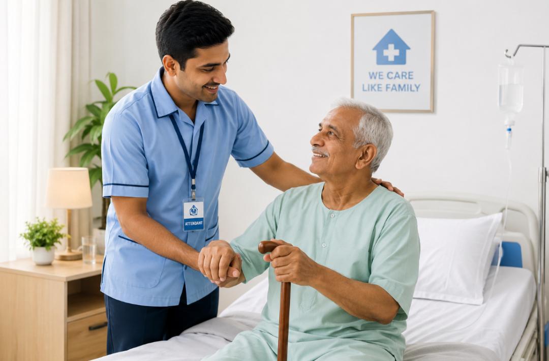 Indian attendant supporting a senior patient in a home setting