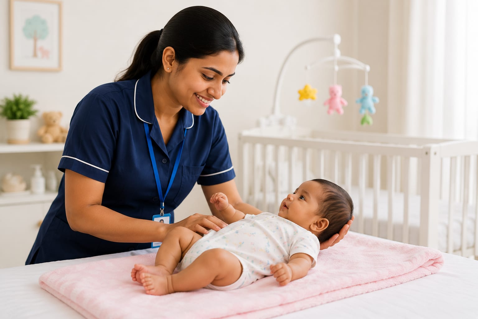 Indian baby caregiver caring for an infant at home