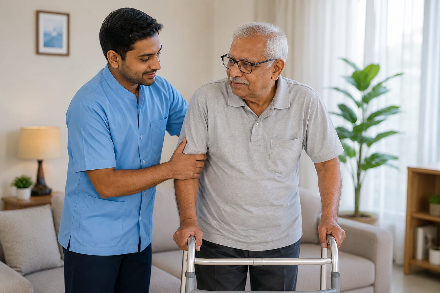 Indian caregiver supporting an elderly patient at home