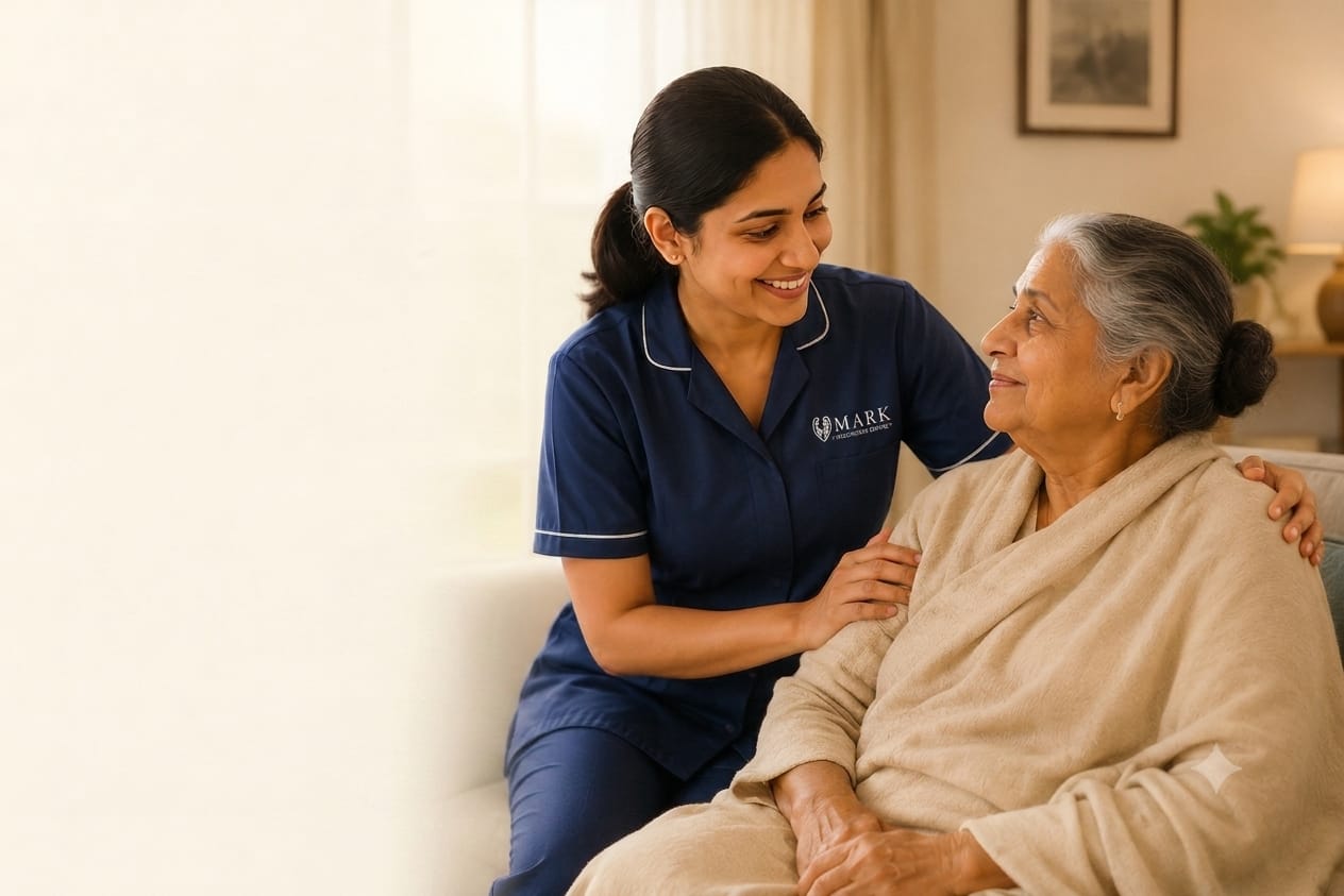 MARK Healthcare caregiver comforting an elderly patient at home